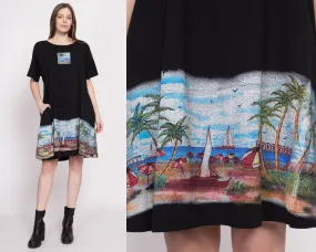 90s Painted Beach Scene Graphic T Shirt Dress - Large