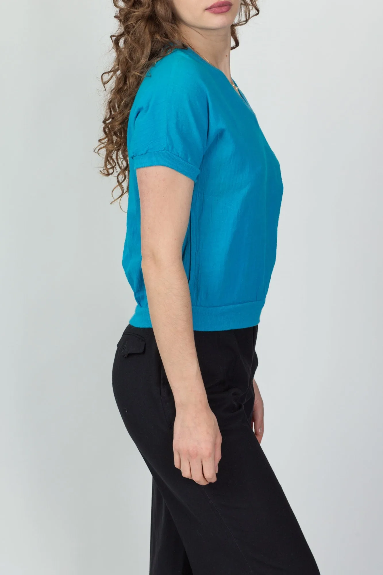 90s Plain Blue Cotton Crop Top - Medium