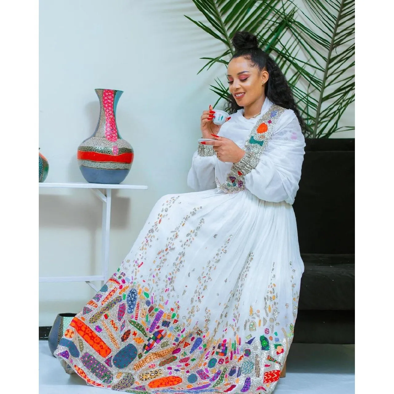 A Beautiful Habesha kemis with Ornate Tilf Embroidery and Luxurious Menen Fabric habesha dress , Eritrean dress