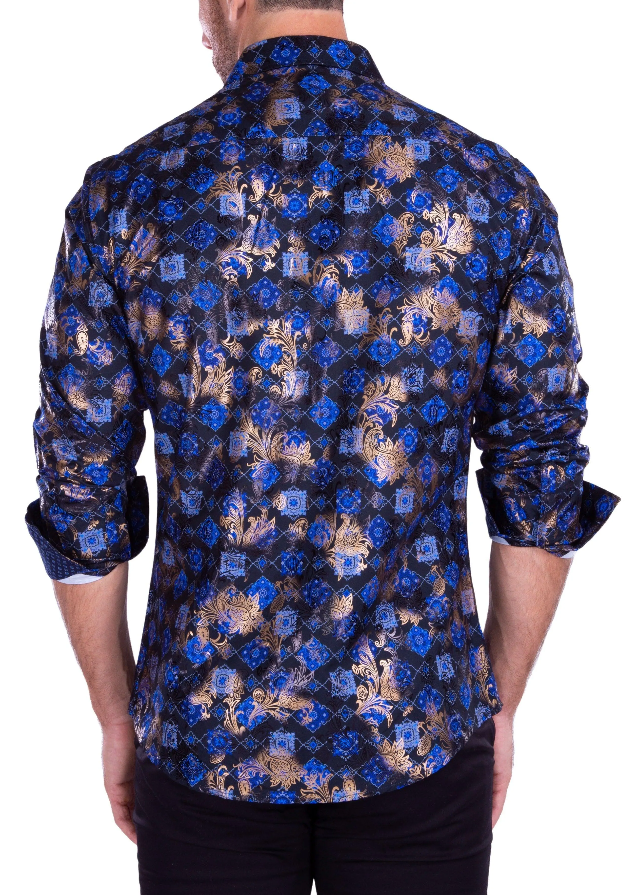 Abstract Decorative Pattern Metallic Baroque Detail Long Sleeve Dress Shirt Black