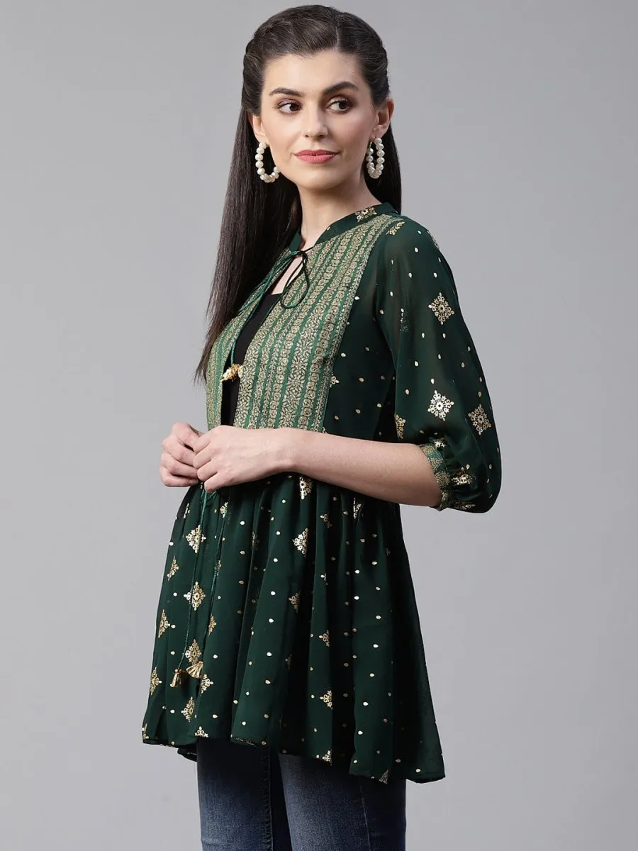 Ahalyaa Green & Golden Printed Semi-Sheer Front-Open Kediya Tunic