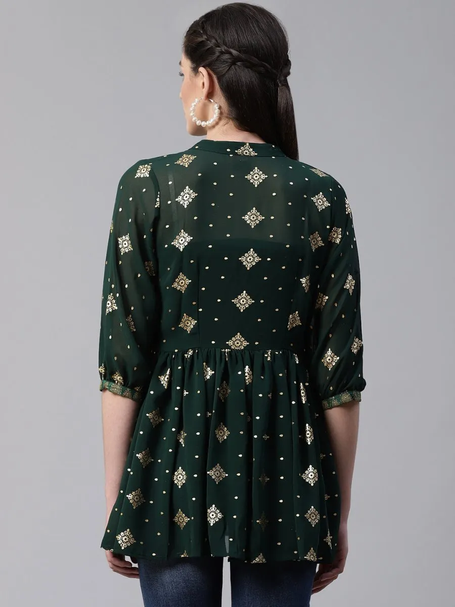 Ahalyaa Green & Golden Printed Semi-Sheer Front-Open Kediya Tunic