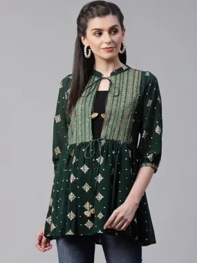 Ahalyaa Green & Golden Printed Semi-Sheer Front-Open Kediya Tunic