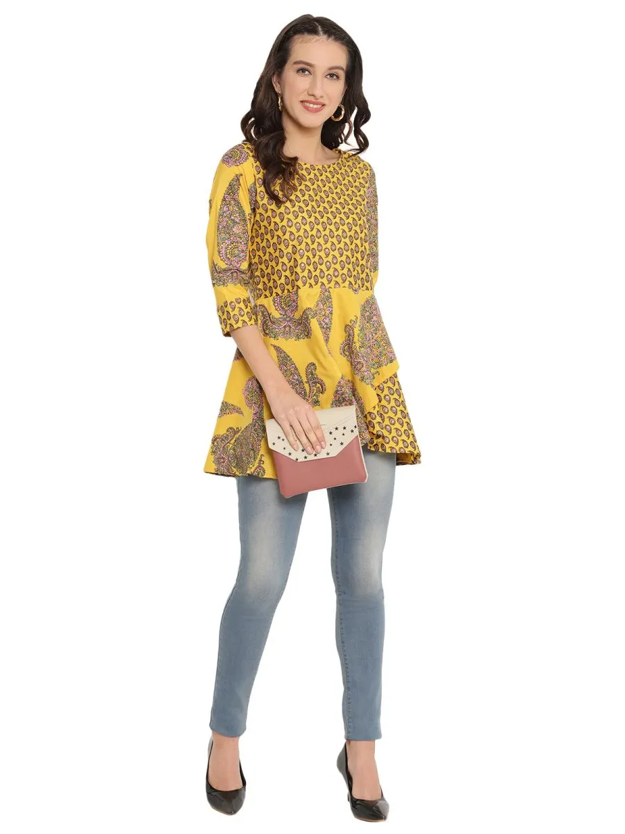 Ahalyaa Mustard Printed Layerd Tunic