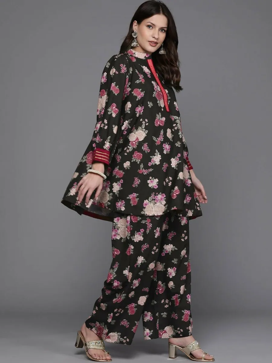 Ahalyaa Women Floral Printed Tunic with Palazzos - Black Color