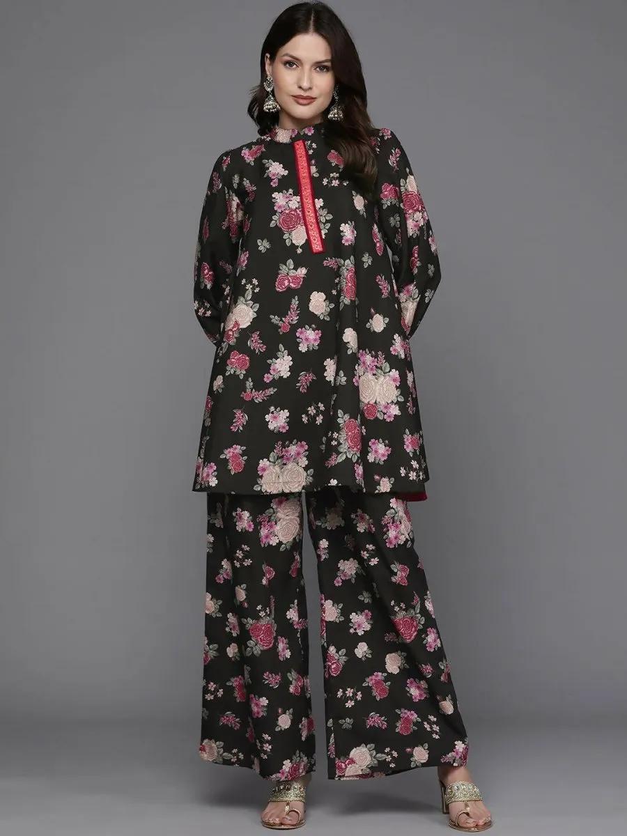 Ahalyaa Women Floral Printed Tunic with Palazzos - Black Color