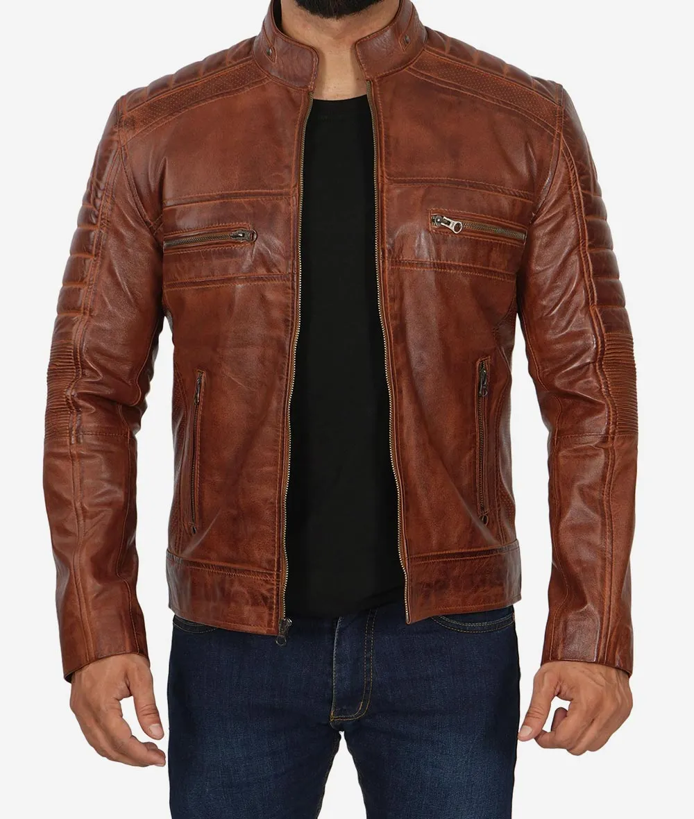 Austin Mens Distressed Brown Leather Cafe Racer Jacket