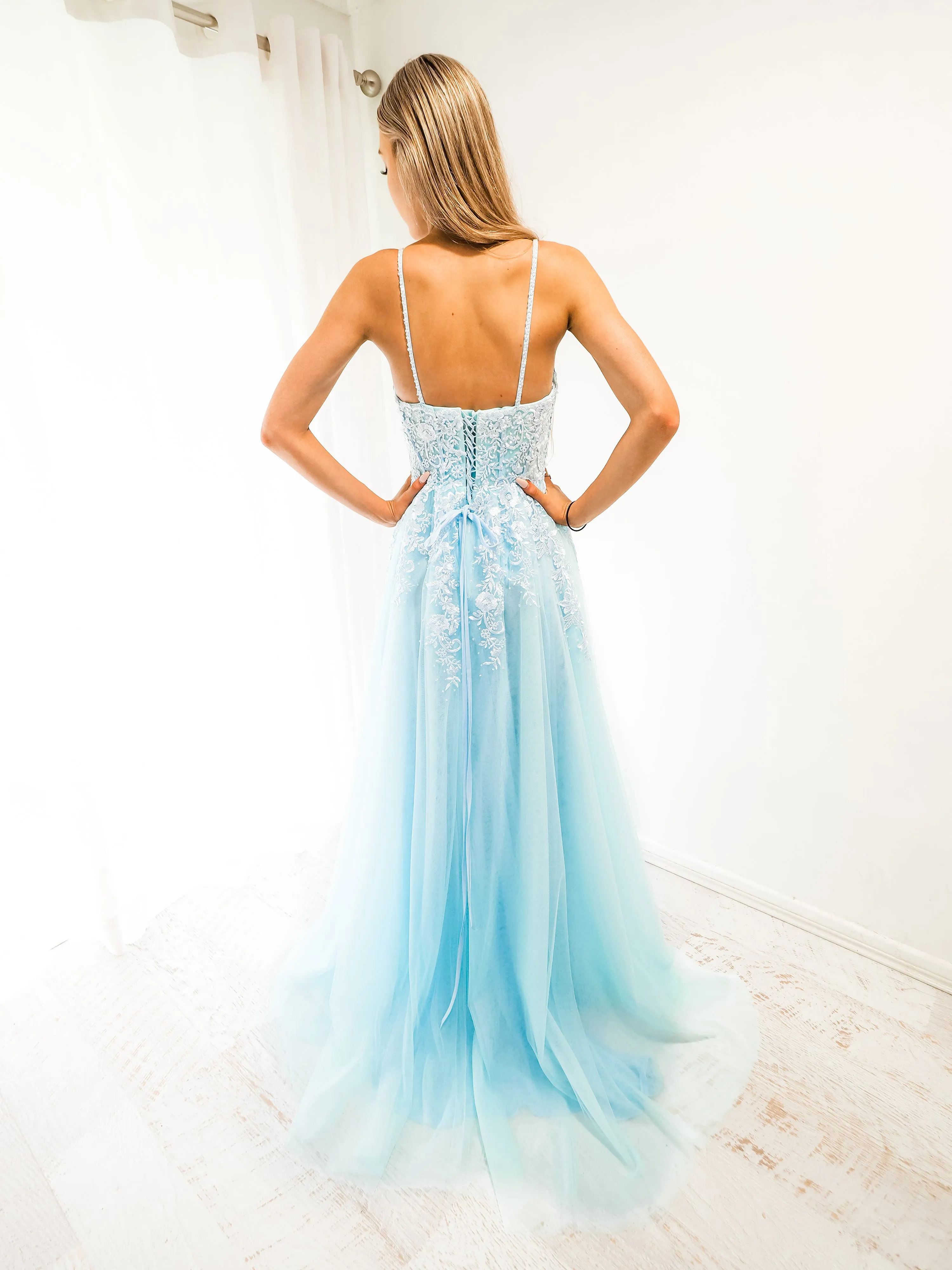 Baby blue tulle corset lace princess dress with lace up back