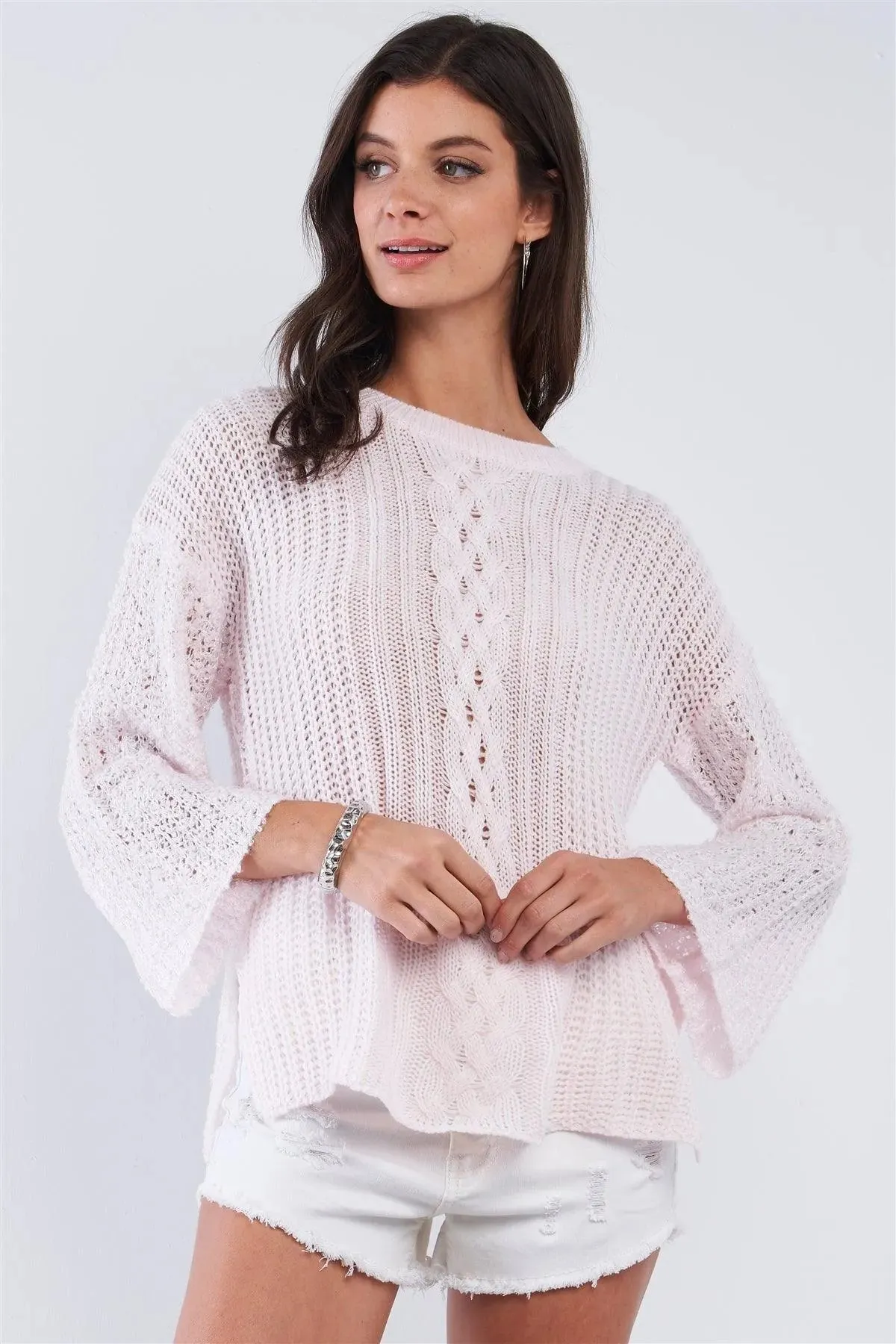 Baby Pink Cable Knit Relaxed Fit Ribbed Round Neckline Long Sleeve Side Slit Detail Sweater /2-3