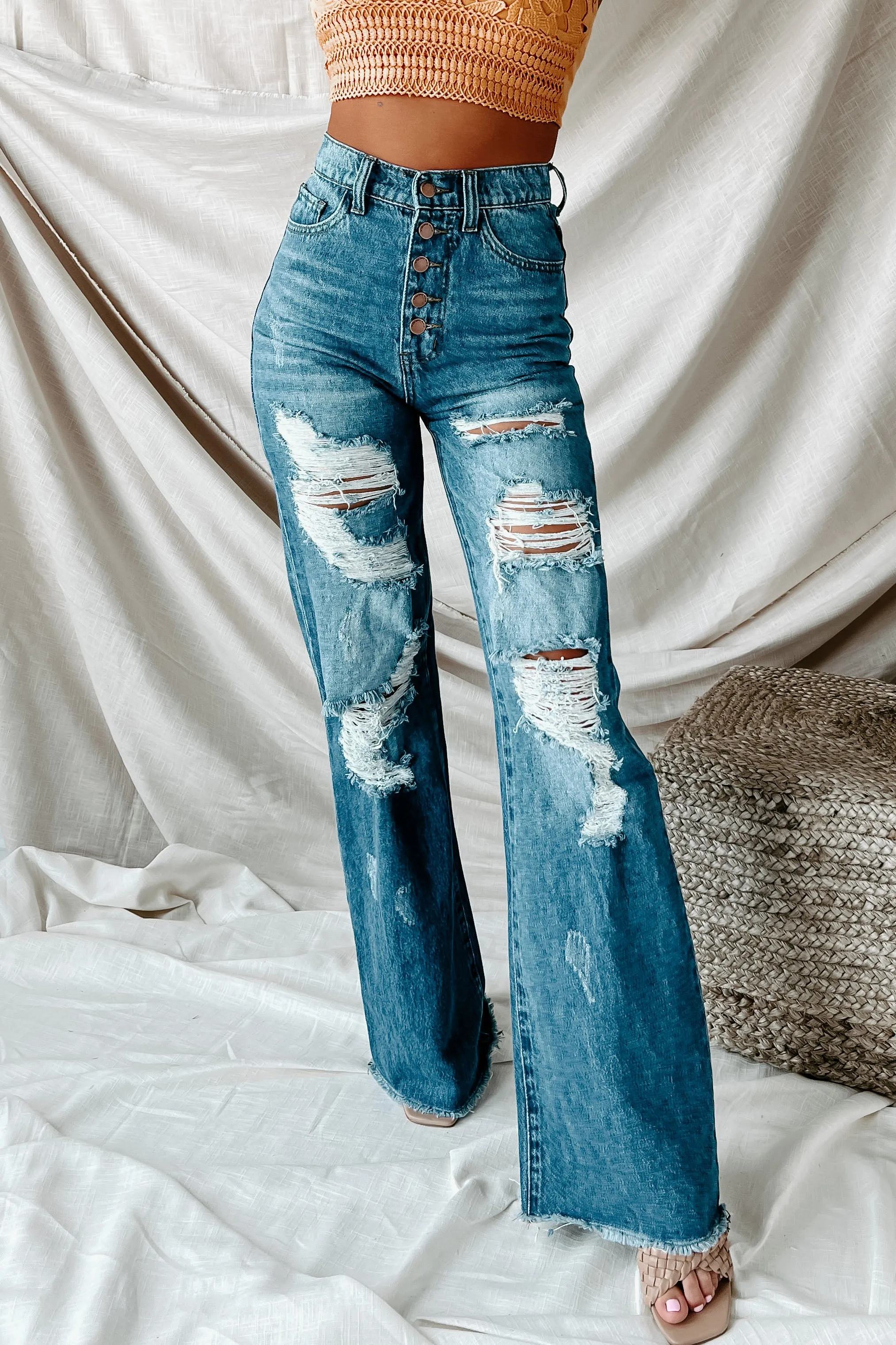 Baxter High Rise Distressed Wide Leg Jeans (Medium)