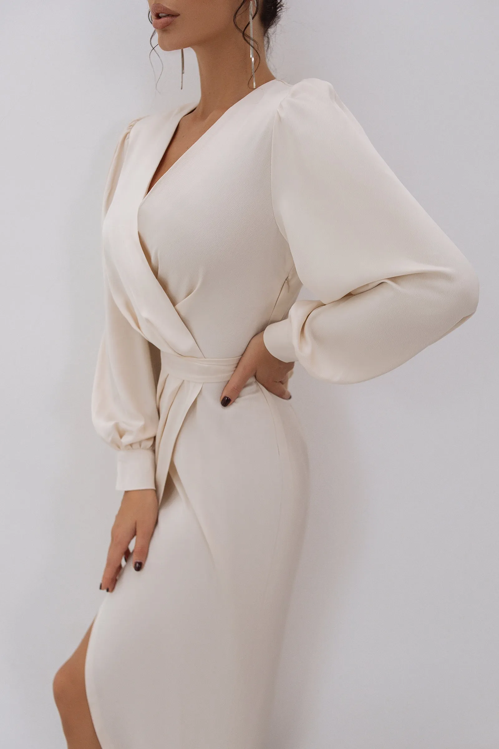 Beige Wrap Long Sleeve Midi Dress