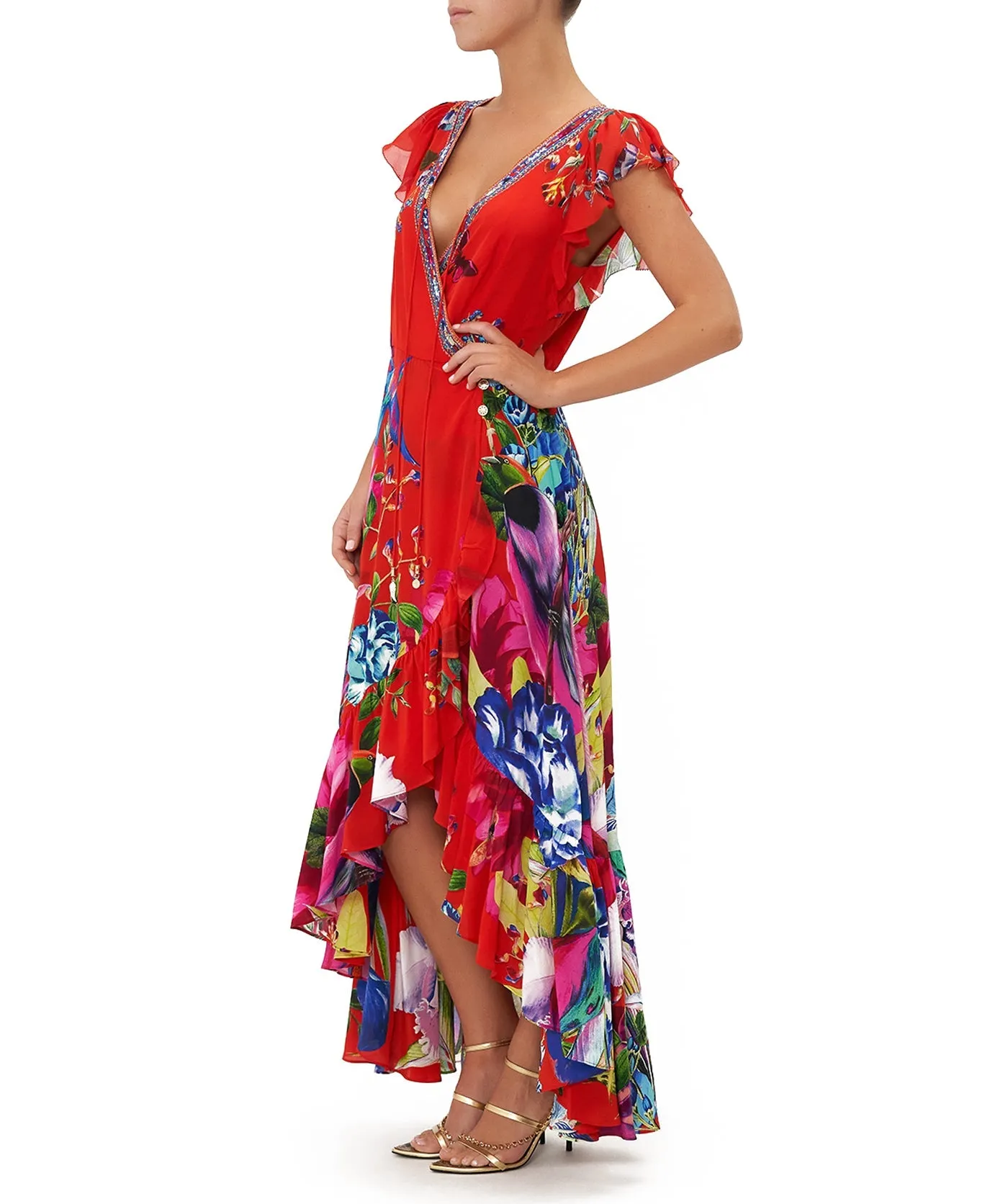 Birds Of A Feather Ruffle Wrap Dress