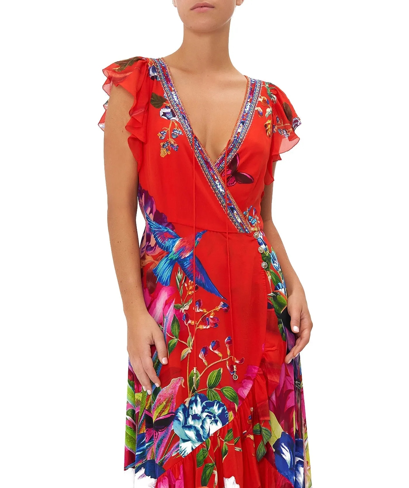 Birds Of A Feather Ruffle Wrap Dress