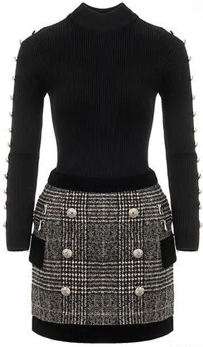 Black Button-Embellished Knit Sweater & Plaid Mini Skirt