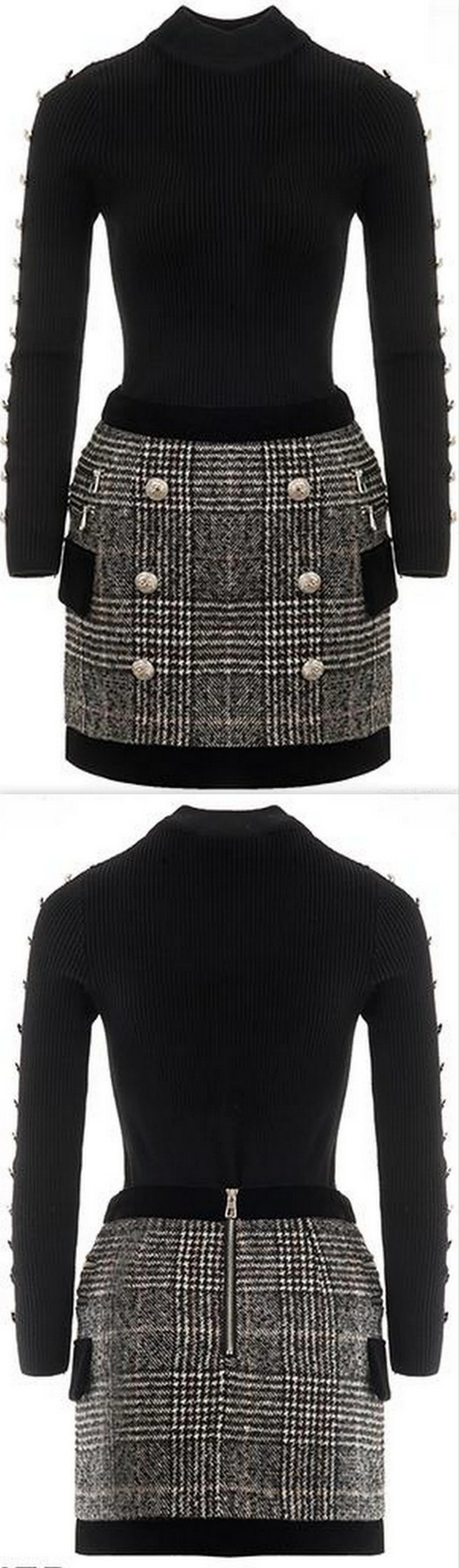 Black Button-Embellished Knit Sweater & Plaid Mini Skirt