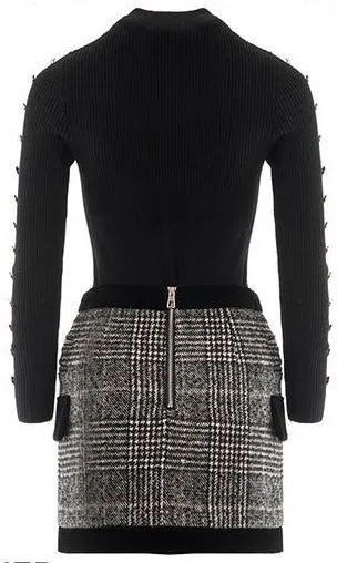 Black Button-Embellished Knit Sweater & Plaid Mini Skirt