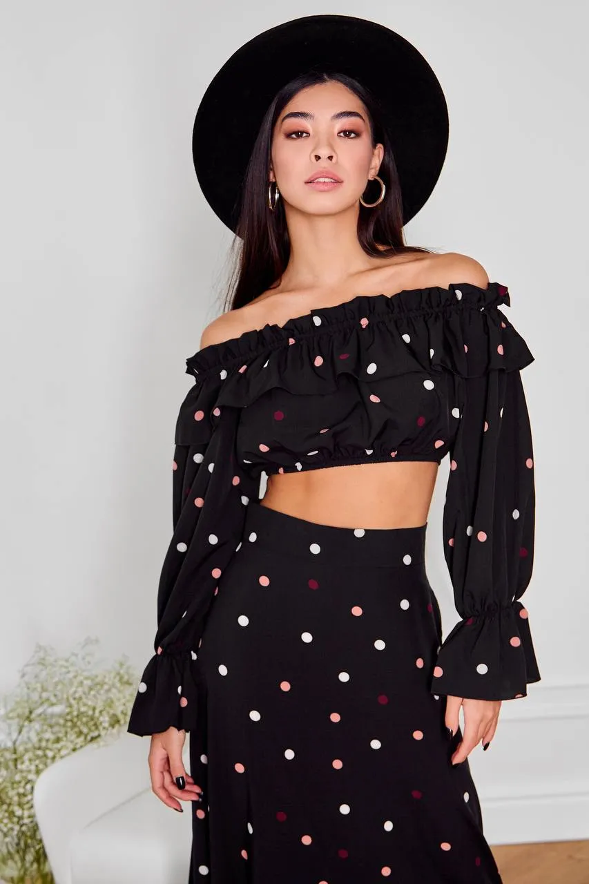 Black Polka Dot Top & Maxi Skirt 2-Piece Set