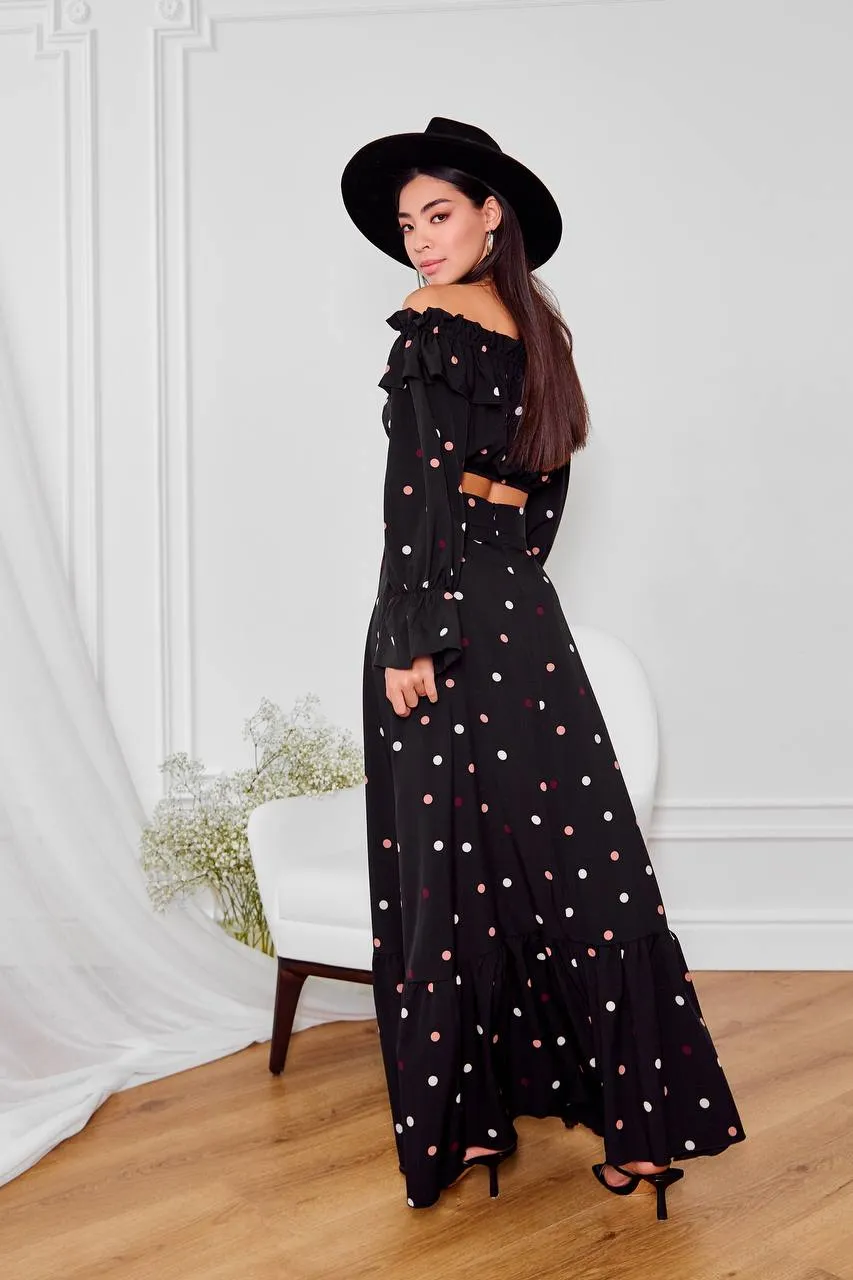 Black Polka Dot Top & Maxi Skirt 2-Piece Set