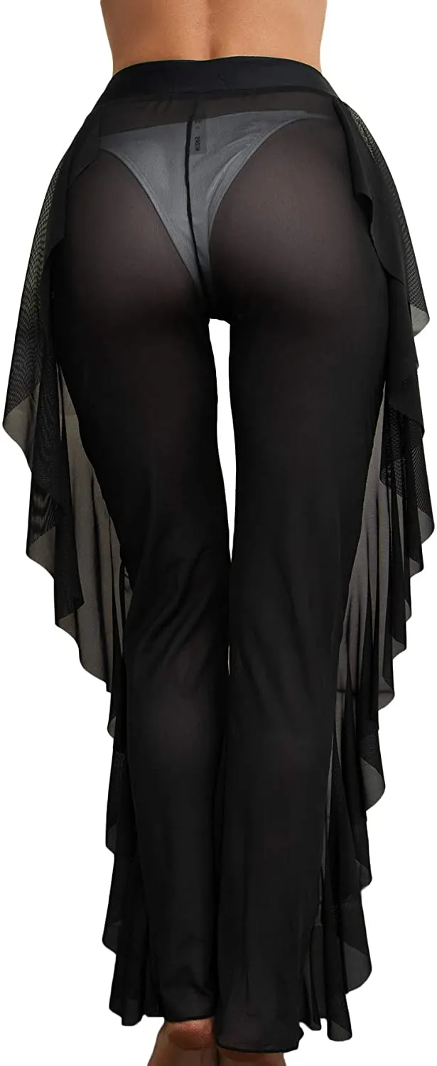 Black Sheer Mesh Ruffle Beach Bottom Cover up Pants