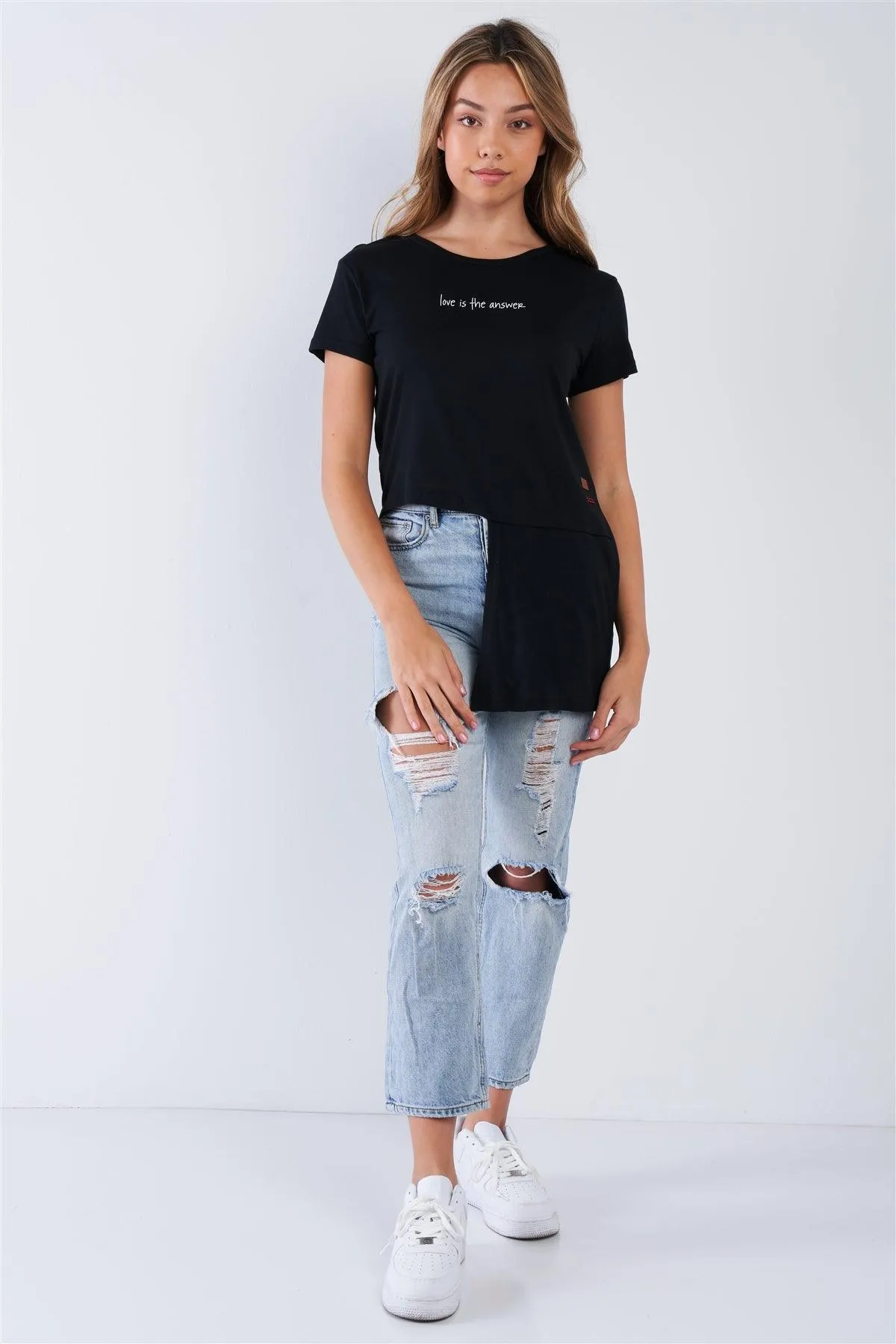 Black Short Sleeve "Love Is The Answer" Asymmetrical Hi-Lo Hem Top / 1-1-1