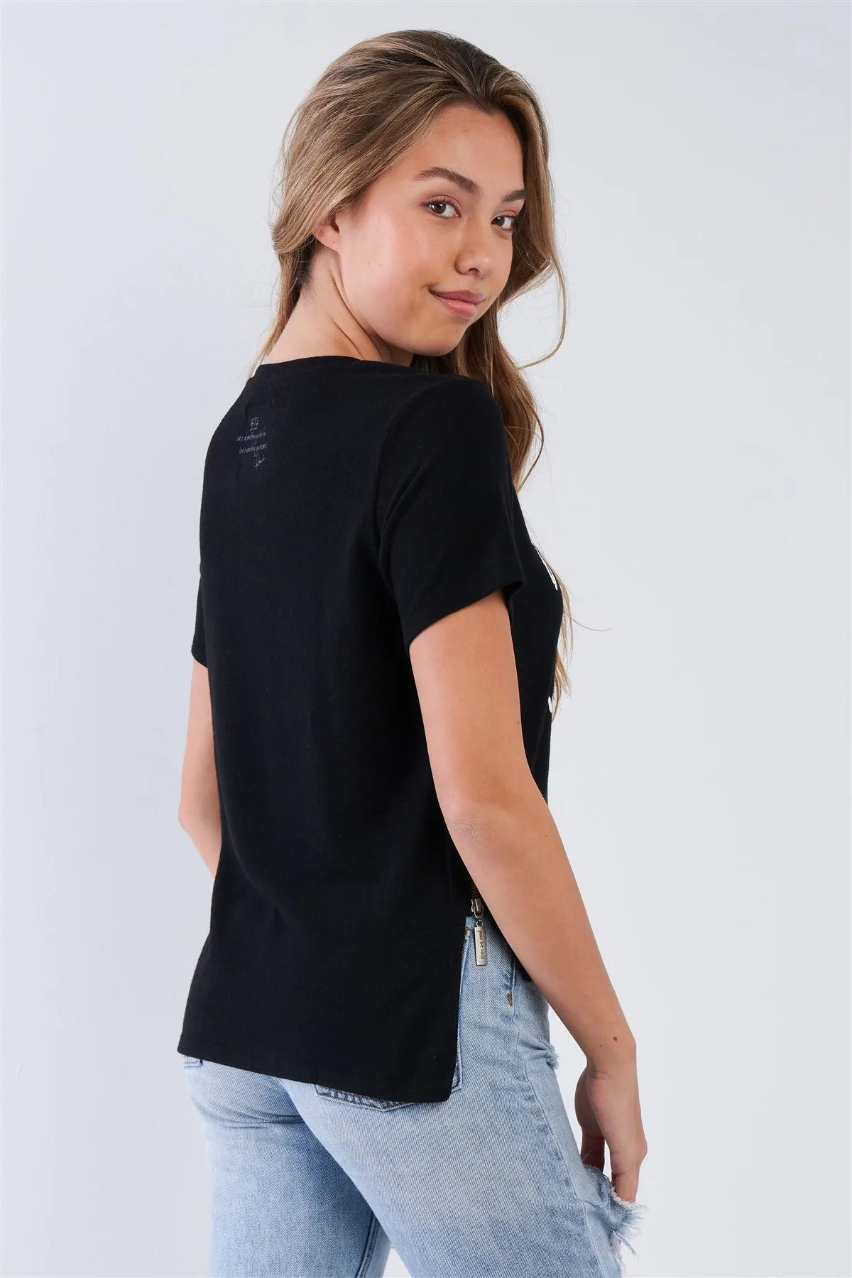 Black Short Sleeve "Love Is The Answer" Asymmetrical Hi-Lo Hem Top / 1-1-1