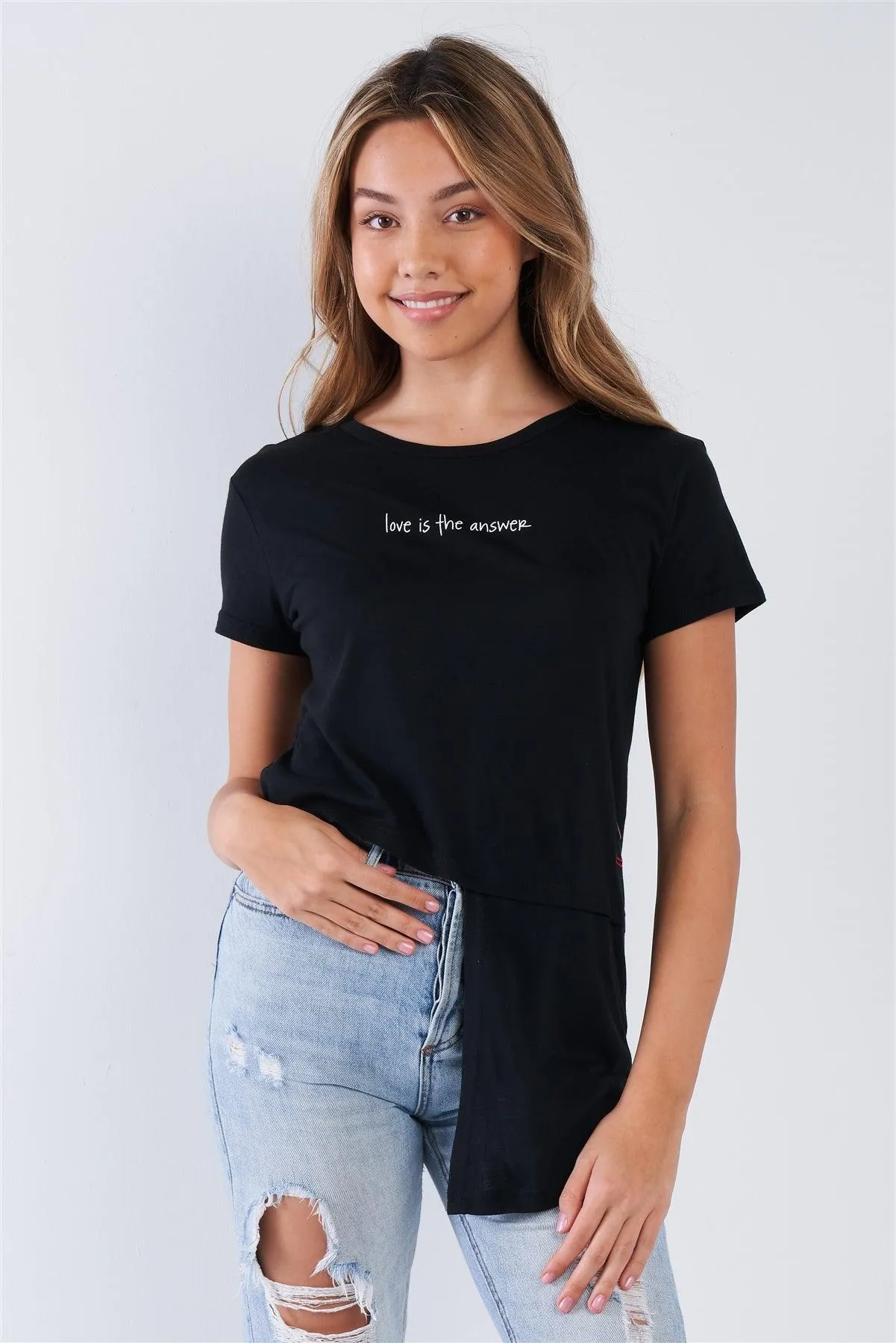 Black Short Sleeve "Love Is The Answer" Asymmetrical Hi-Lo Hem Top / 1-1-1