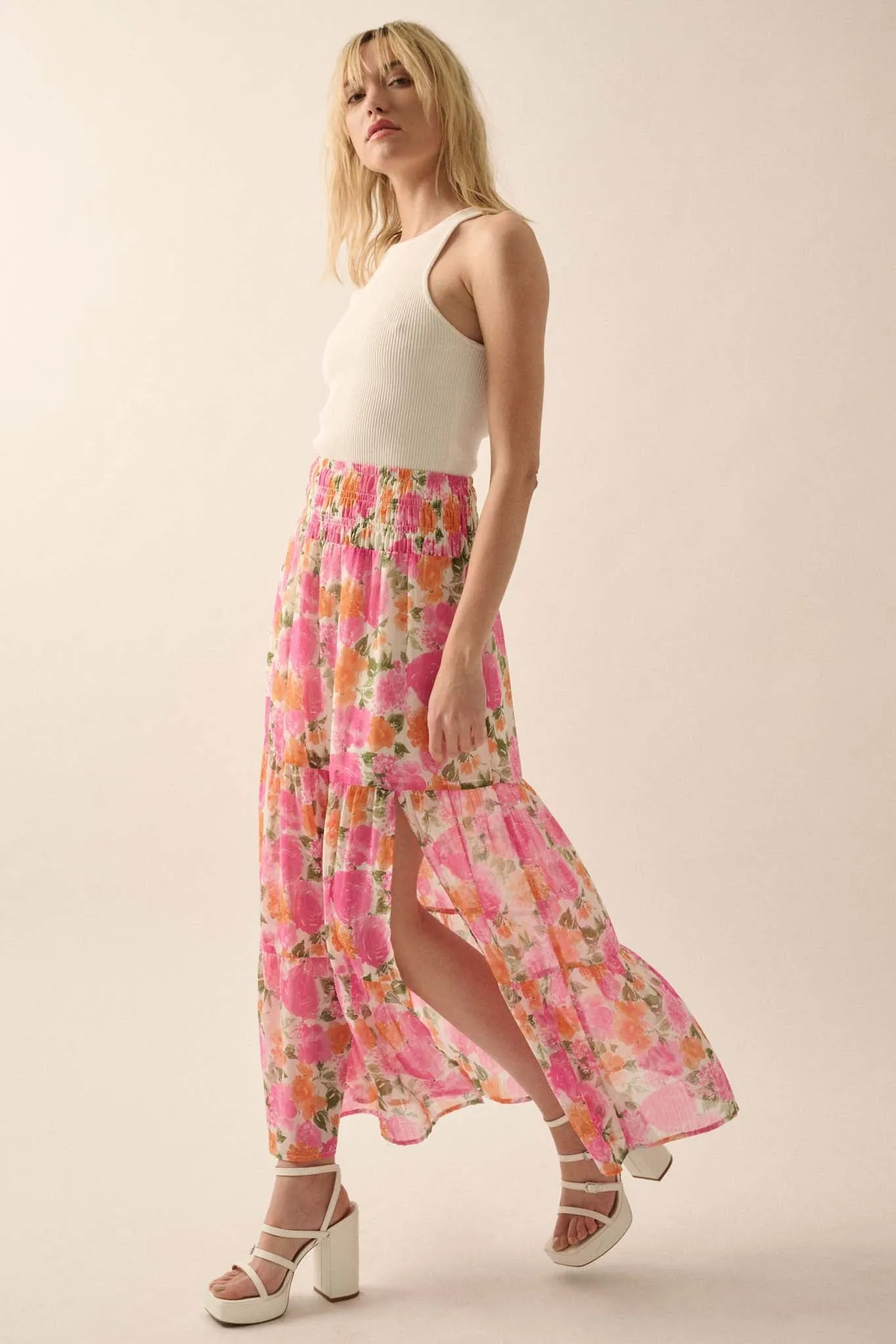 Brilliant Bouquet Tiered Floral Chiffon Maxi Skirt