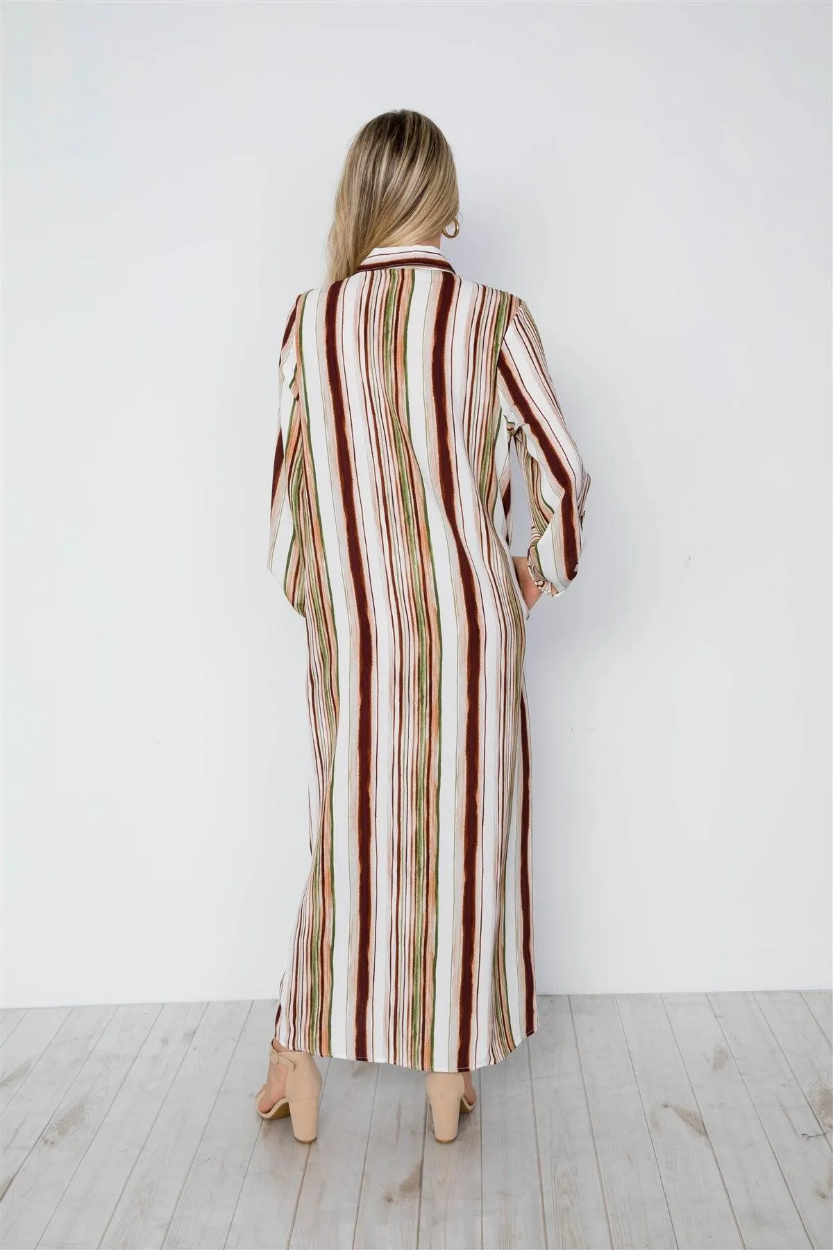 Brown Stripe Long Sleeve Button Down Shirt Dress / 2-2-2