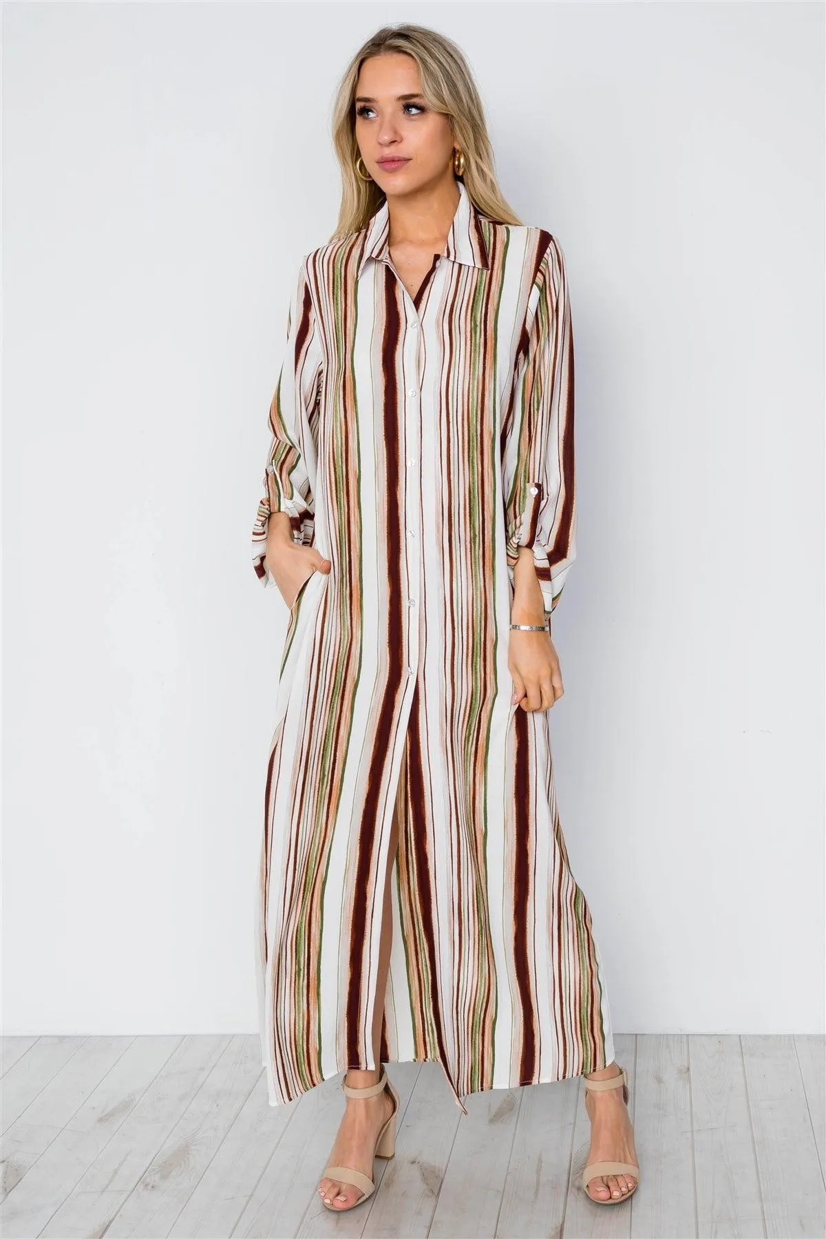 Brown Stripe Long Sleeve Button Down Shirt Dress / 2-2-2