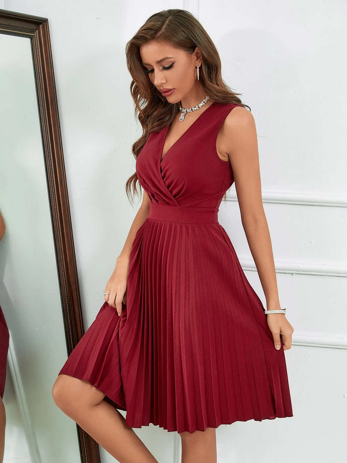 Burgundy A-Line Wrap Ruched Pleated Dress