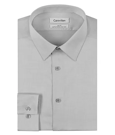 Calvin Klein Men`s Silver Grey Slim Fit Non-Iron Herringbone Point Collar Dress Shirt