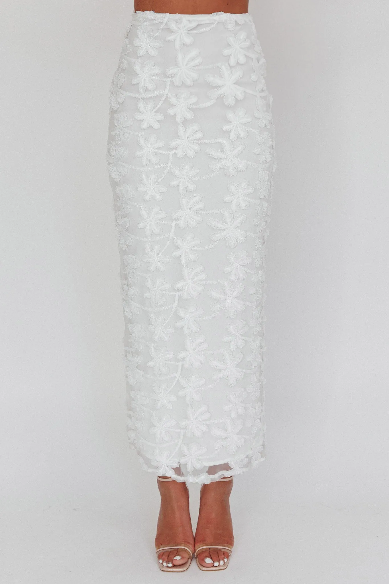 Casi Palm Tree Embroidered Maxi Skirt White