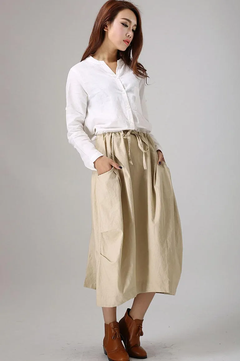 Casual linen skirt woman cotton skirt custom midi skirt in Beige 77912#