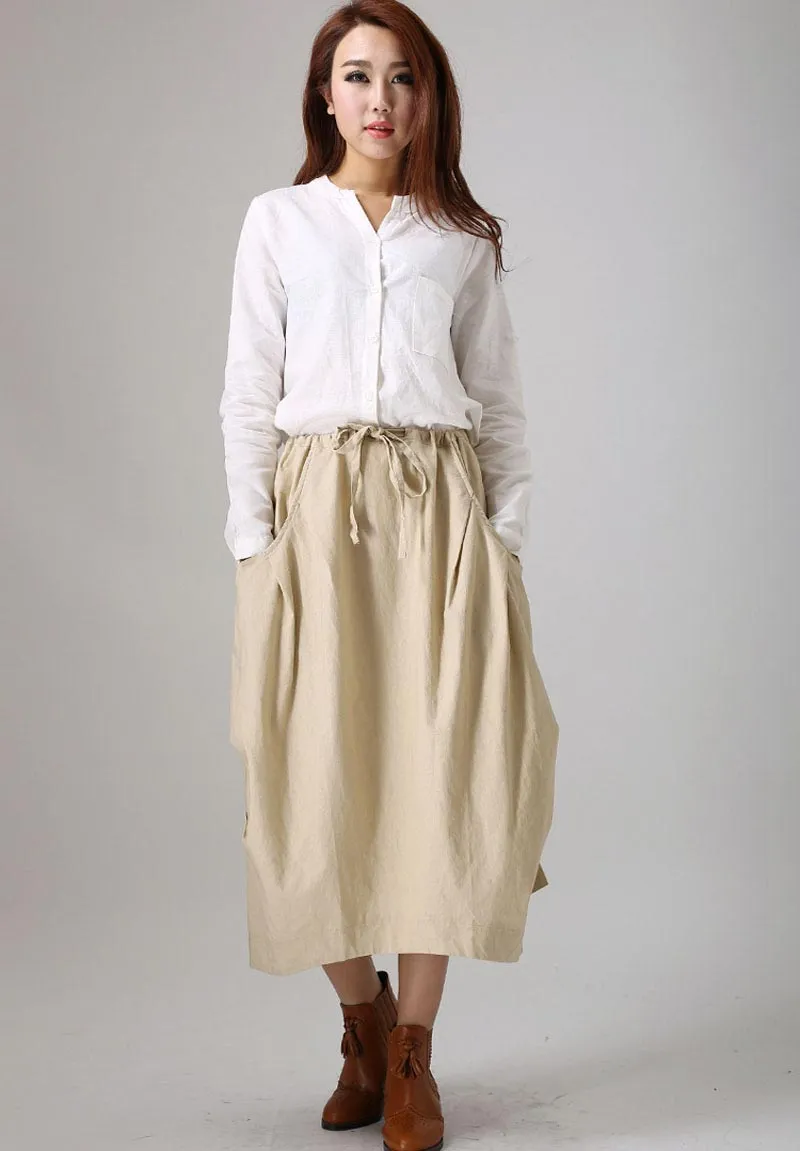 Casual linen skirt woman cotton skirt custom midi skirt in Beige 77912#