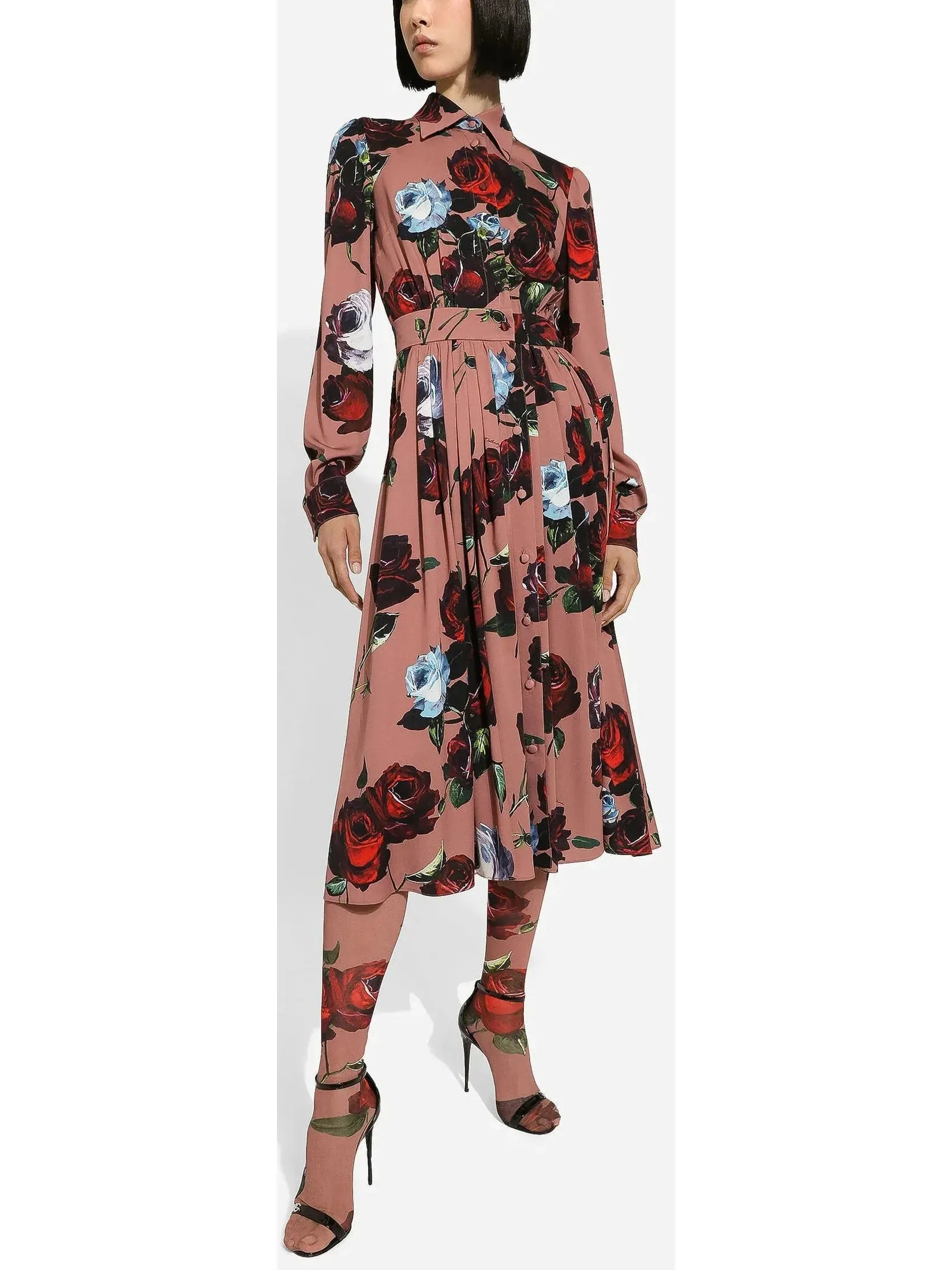 Charmeuse Shirt Dress with Vintage Rose Print