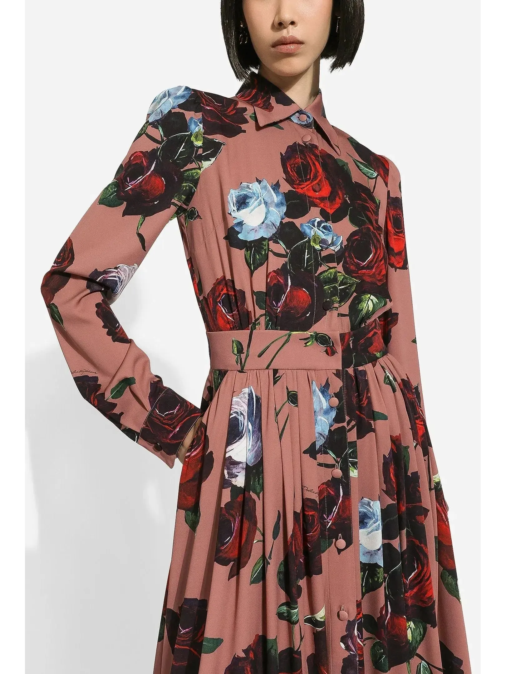 Charmeuse Shirt Dress with Vintage Rose Print