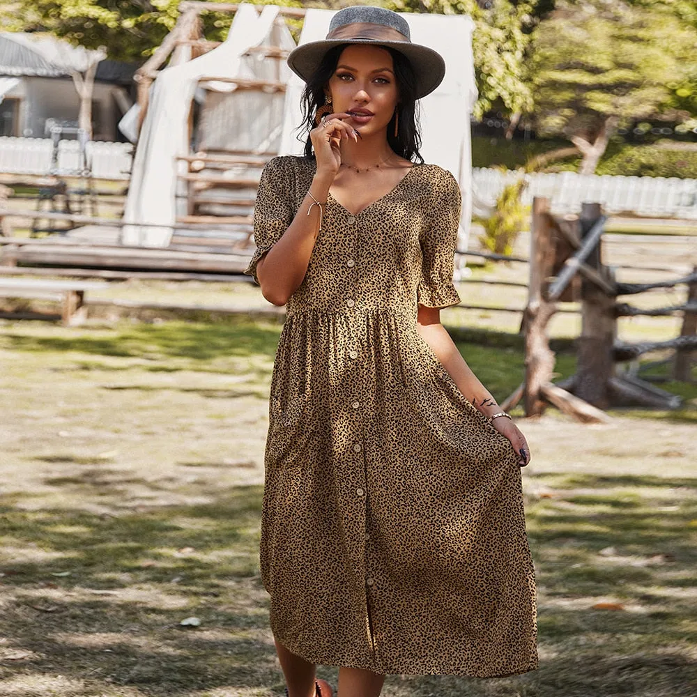 Chic Polka Dot Chiffon Dress with V-Neck and Short Sleeves