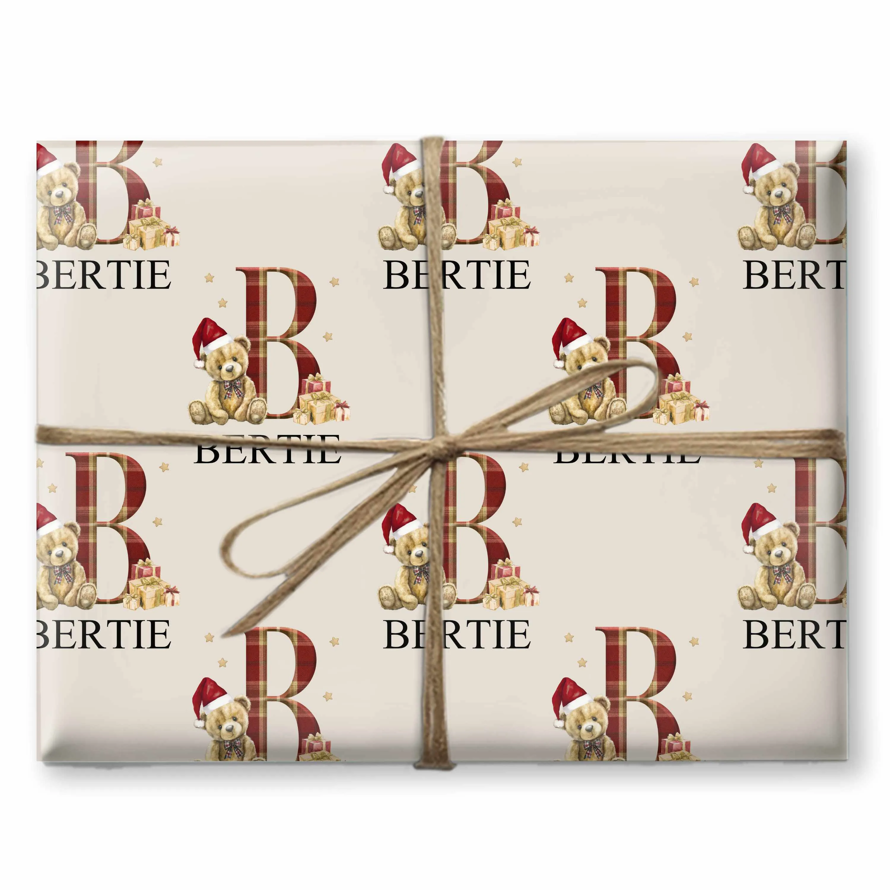 Christmas Wrapping Paper Gift Wrap For Children Teddy Bear Tartan Initial