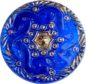 Cobalt Blue Handpainted Czech Lacy Glass Button, 1-1/16", Susan Clarke #SC1519A