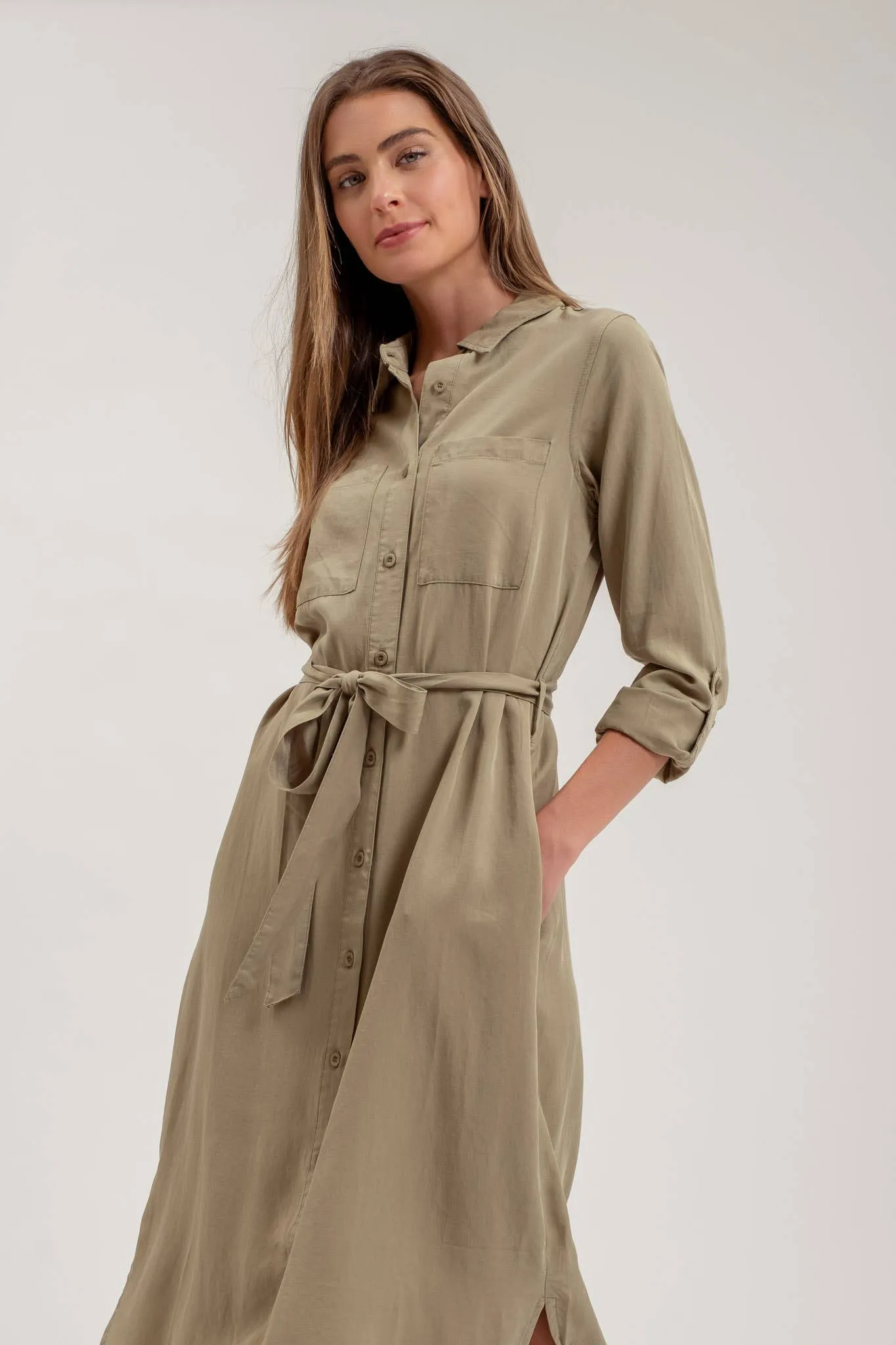 COLLARED 3/4 SLEEVE BUTTON DOWN SHIRT MIDI DRESS