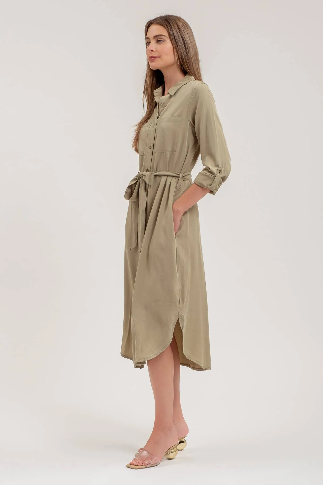 COLLARED 3/4 SLEEVE BUTTON DOWN SHIRT MIDI DRESS