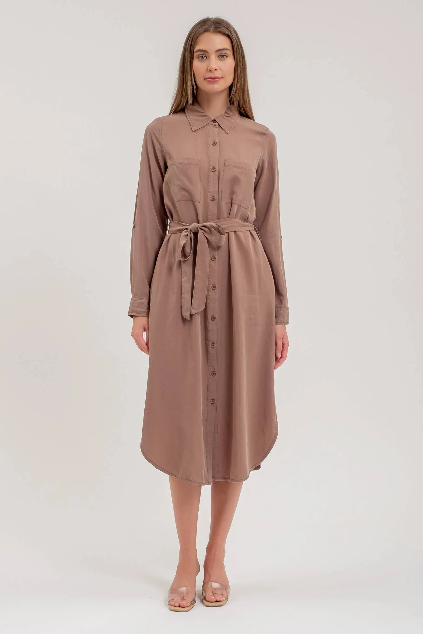 COLLARED 3/4 SLEEVE BUTTON DOWN SHIRT MIDI DRESS