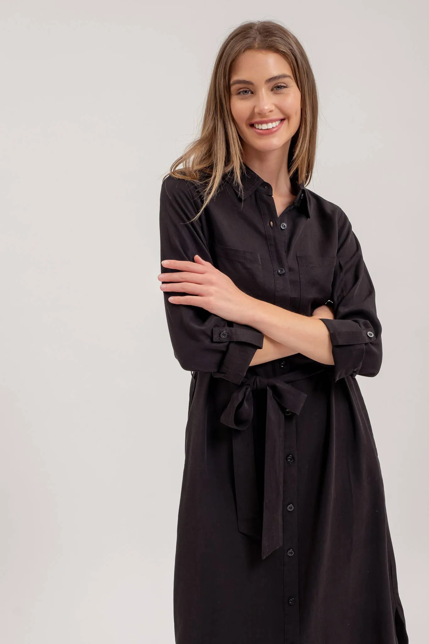 COLLARED 3/4 SLEEVE BUTTON DOWN SHIRT MIDI DRESS