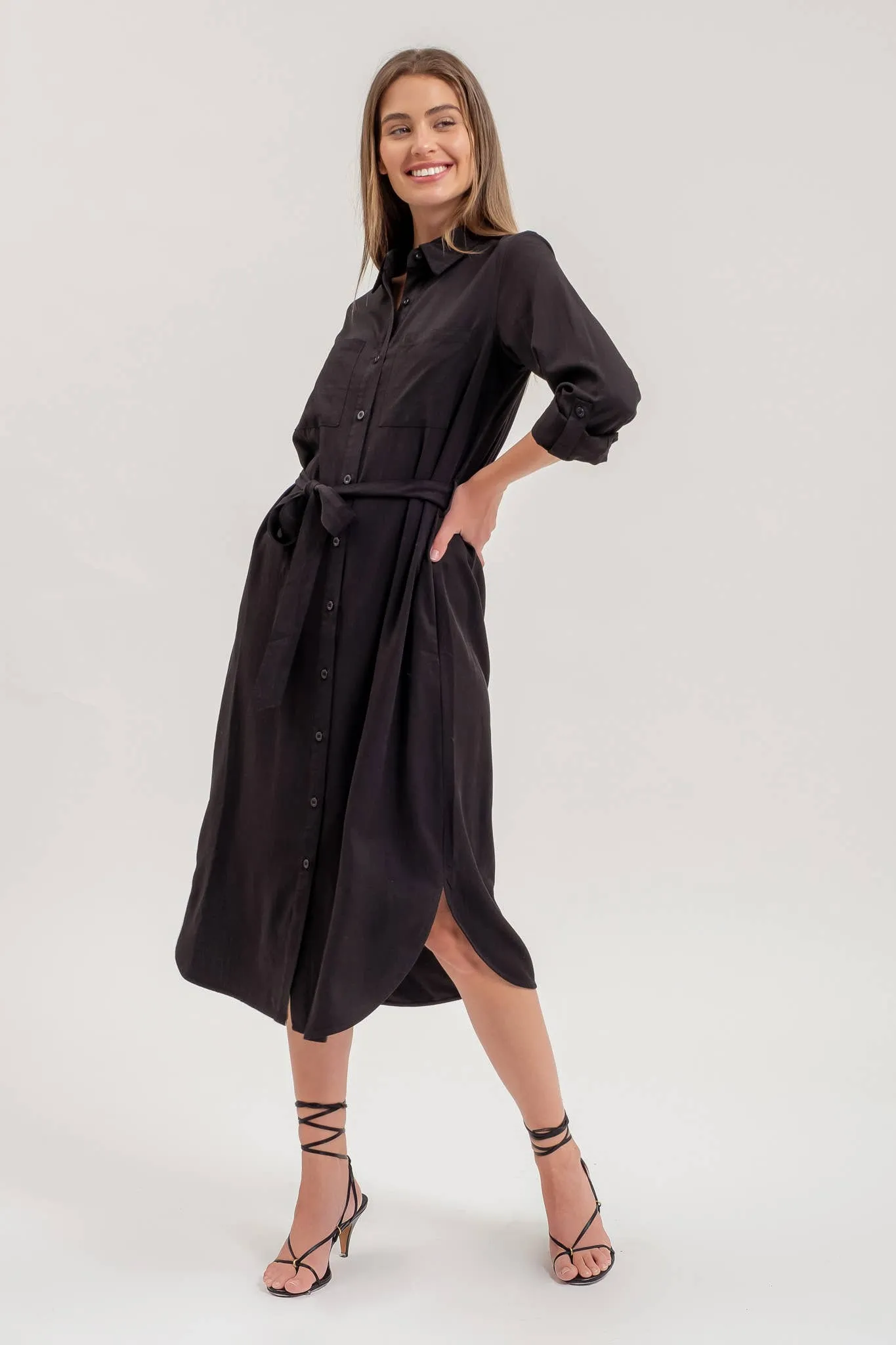 COLLARED 3/4 SLEEVE BUTTON DOWN SHIRT MIDI DRESS