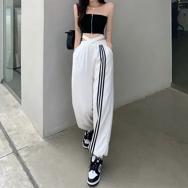 Colorblock Sweatpants Striped Cross-Tie Jogging Trousers