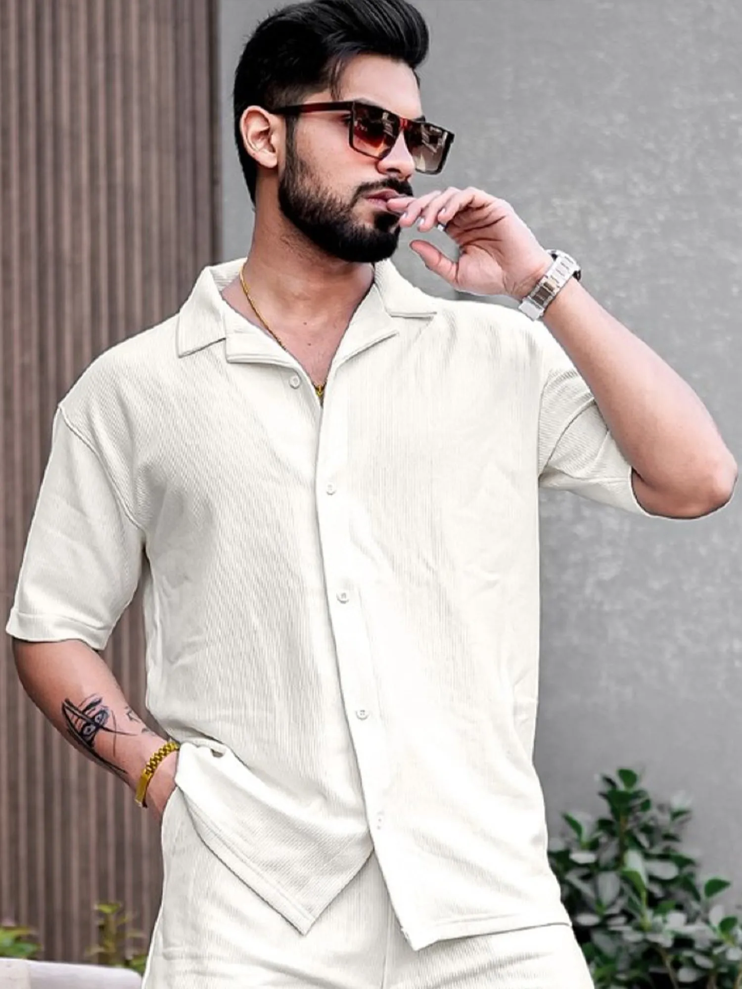 Cord Knit Textured Cream White Shirt