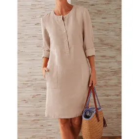 Cotton and Linen Round Neck Long-sleeved Dress