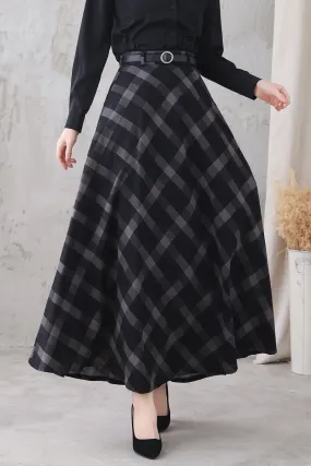 Cotton Linen Plaid Long Maxi Skirt Women 3325