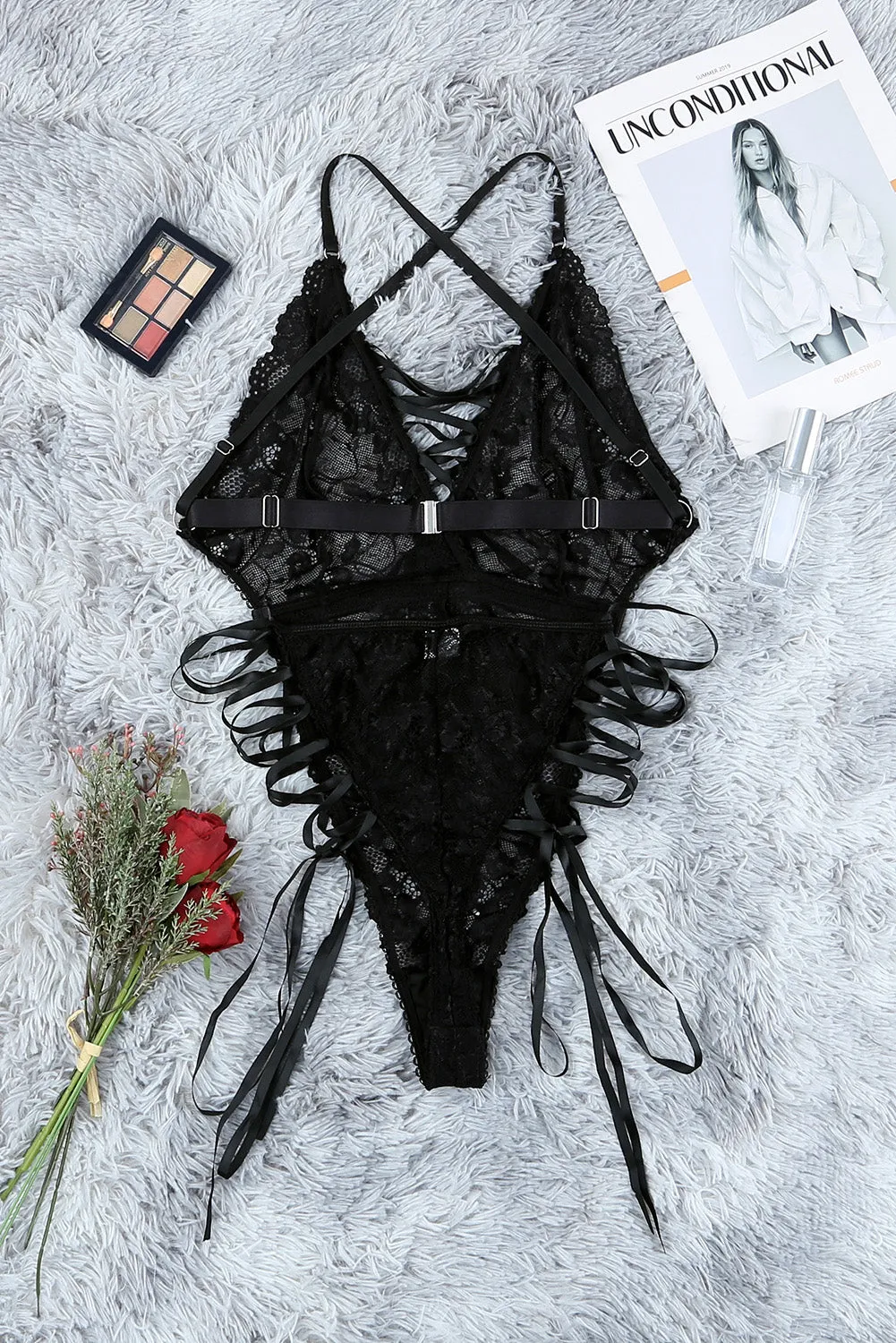 Criss Cross Strappy Snap Crotch Lace Teddy Lingerie