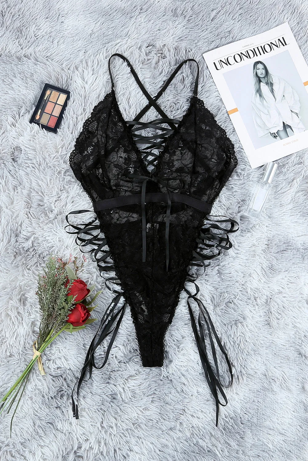 Criss Cross Strappy Snap Crotch Lace Teddy Lingerie